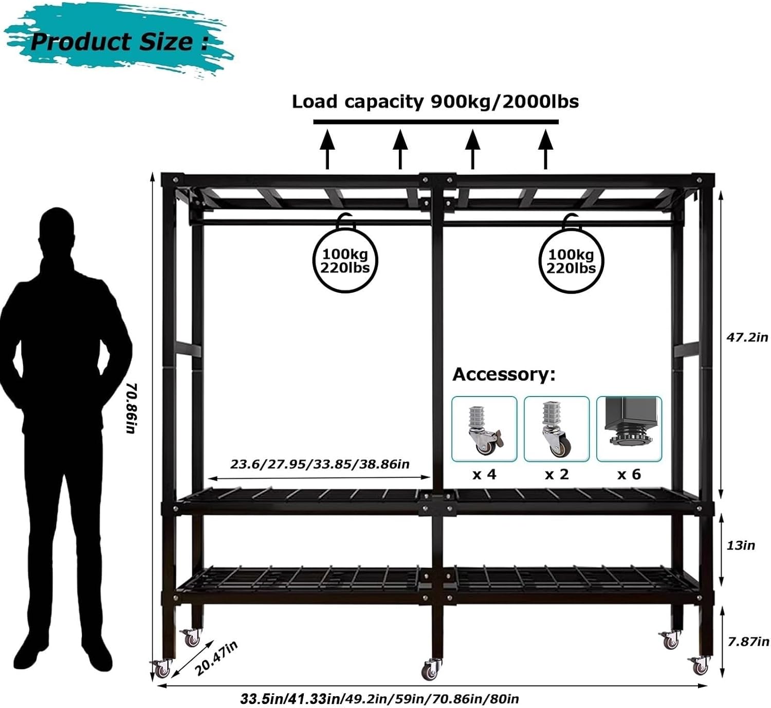 Large Foldable Wardrobe Closet - Heavy Duty Portable Rolling Garment Rack With Cover, For Hanging Clothes Freestanding Clothing Coat Storage Rack Load 2000lbs, Clothes Storage Organizer ( Size : 180*5