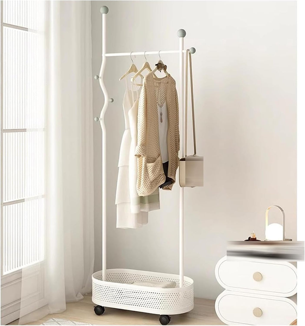 Heavy duty Garment rack Metal Clothes Rail on Wheel, Freestanding coat rack with storage basket and 4 hooks,Space-saving clothing rack for entryway bedrooms and Office, clothes organ (White 65X32X175
