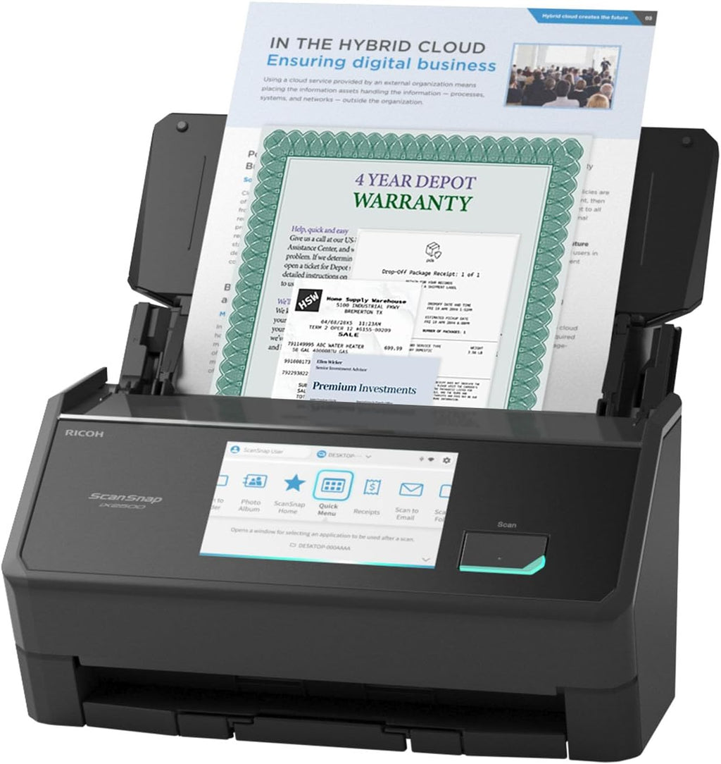 ScanSnap iX2500 Premium Wireless or USB High-Speed Cloud Enabled Document, Photo & Receipt Scanner with Large 5' Touchscreen for Mac or PC, Includes 4-Year Protection Plan