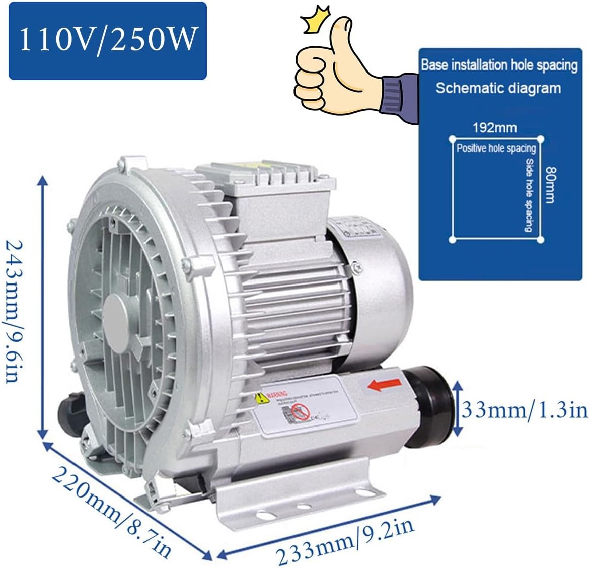 Regenerative Blower High Pressure Vortex Ring Blower 110V 180W 350W 550W 750W Fish Ponds Aeration Oxygenation Machine Industrial Vacuum Pump for Air Blowing Or Suction(350W)