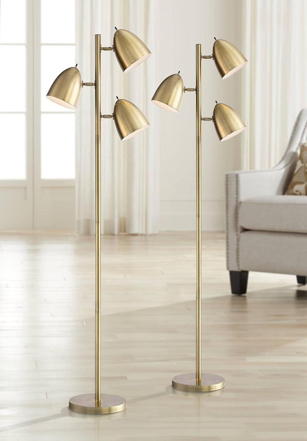 360 Lighting Aaron Mid Century Modern 64' Tall Standing Floor Lamps Set of 2 Lights Tree Task Adjustable 3-Light Gold Metal Aged Brass Finish Living Room Bedroom House Reading Office Home Decor