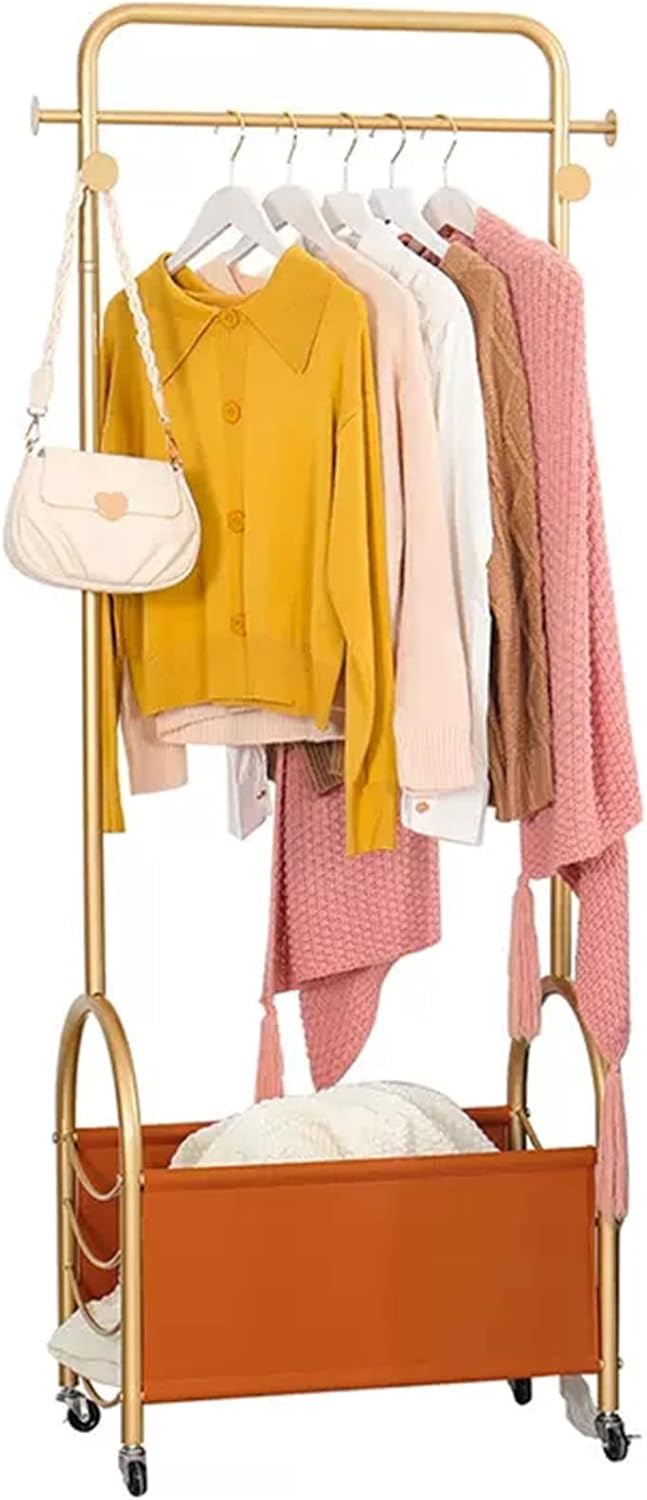 Heavy Duty Coat Rack, Garment Rack Gold Metal Clothing Rack for Hanging Clothes with 7 Hooks, Freestanding Rolling Coat Rack with PU Storage Basket, Clothes Organizer Storage On Wheels