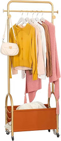 Heavy Duty Coat Rack, Garment Rack Gold Metal Clothing Rack for Hanging Clothes with 7 Hooks, Freestanding Rolling Coat Rack with PU Storage Basket, Clothes Organizer Storage On Wheels