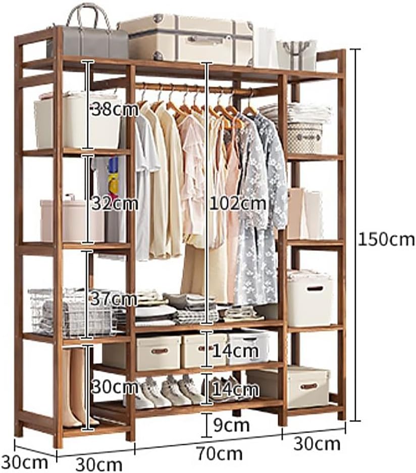 Bamboo Freestanding Coat Garment Rack with Hanging Rod 2 Shelves and Hooks Open Wardrobe Clothing Storage nizer for Bedroom Hallway Natural Wood Finish