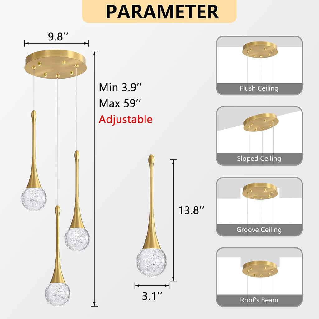 cenzoz 3-Lights Modern Pendant Lights for Kitchen Island LED Dimmable Crystal Glam Ceiling Pendant Lighting Chandelier for Dining Room Hallway Bedroom Corner Lamp Antique Gold