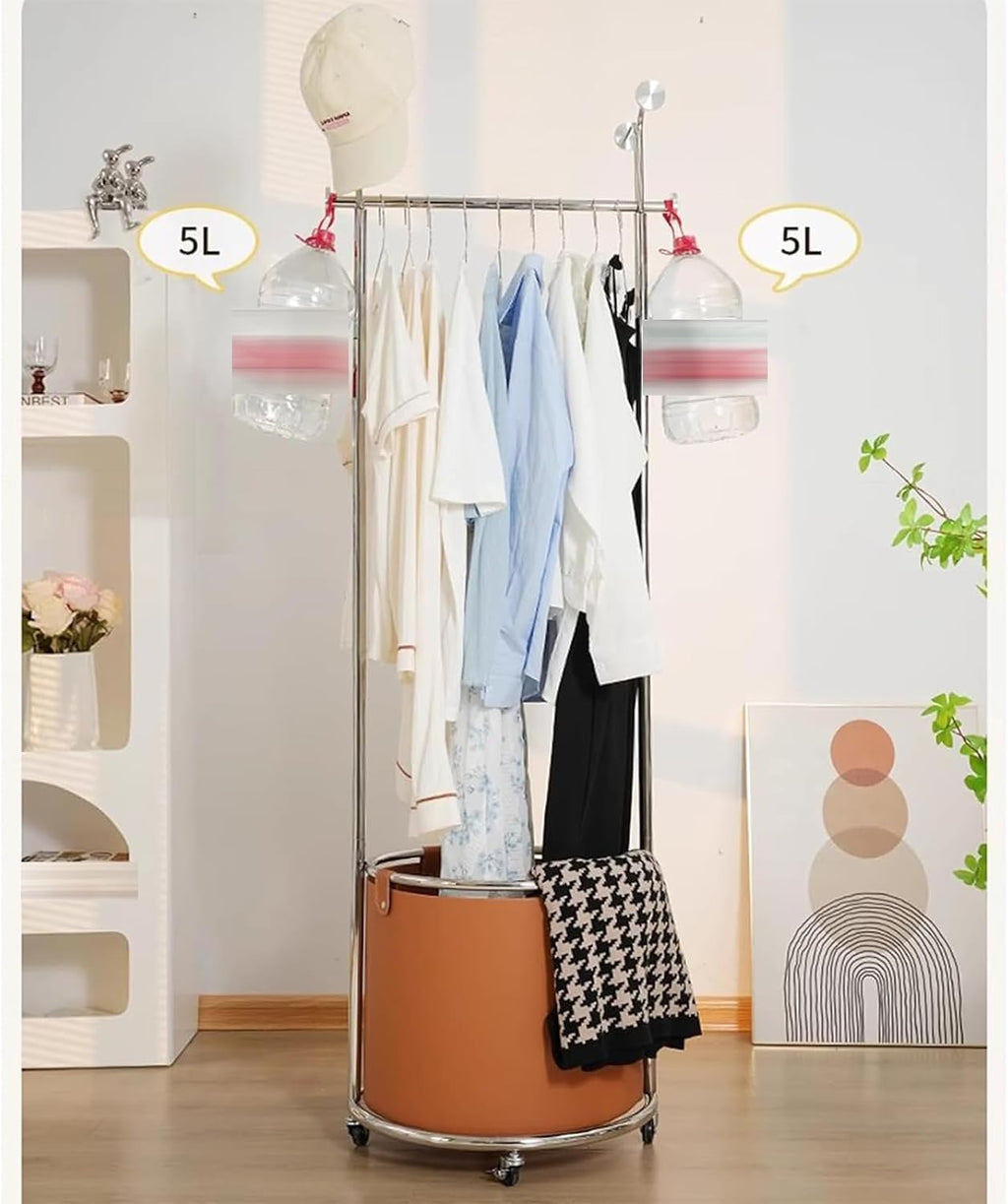 Heavy duty Garment rack Silver Stainless Steel Clothing Rack With PU Storage Box And Hooks, Freestanding Clothes Organizer On Wheels, Multi-Functional Coat Rack For Bedroom And Hallwa (Silver+brown )