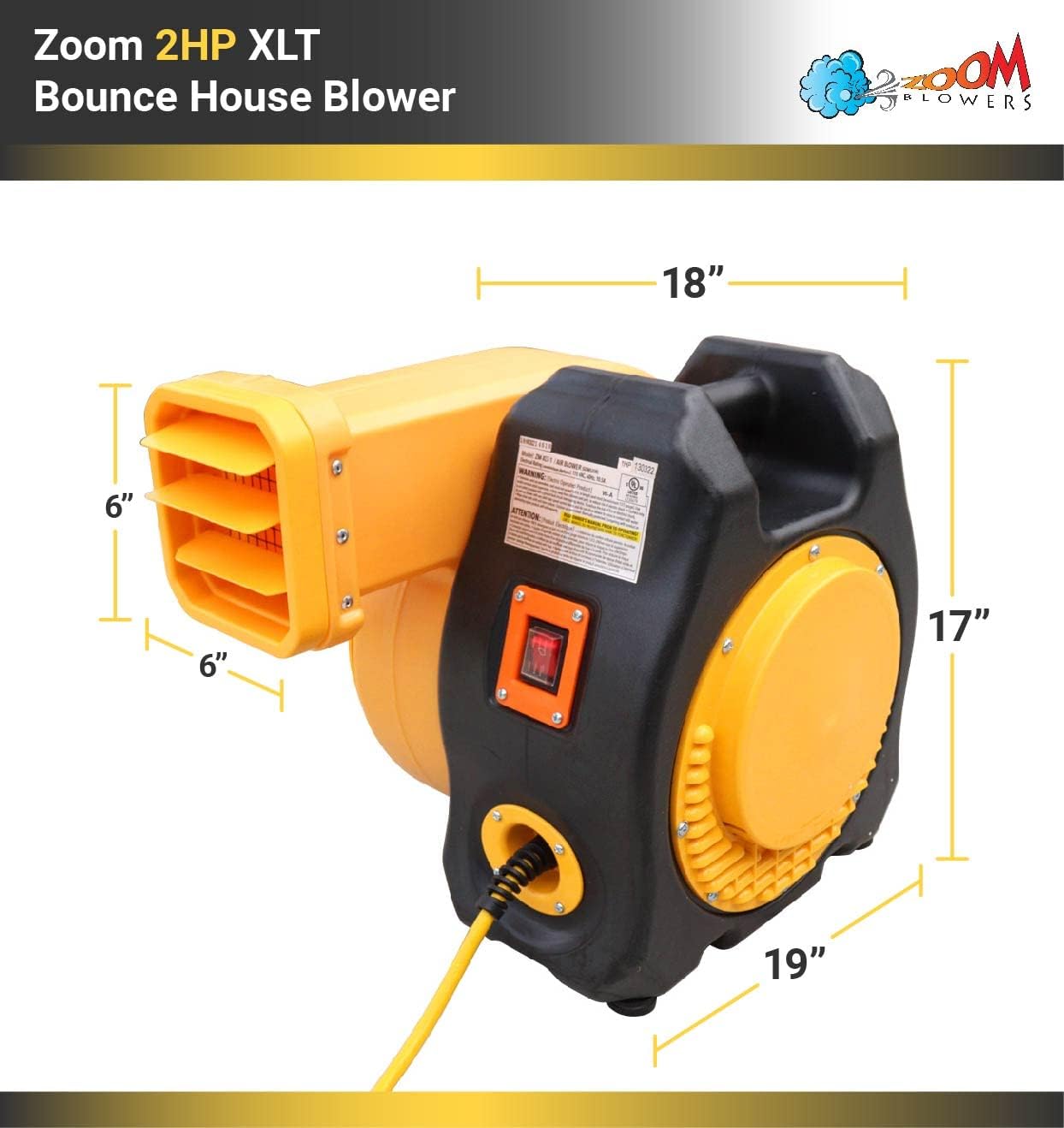 Zoom Blowers XLT Inflatable Bounce House Blower for Bouncy Jump Castle, Water Slides, and Obstacle Course, Electric, Energy Efficient, Low Amp Draw, Commercial-Grade