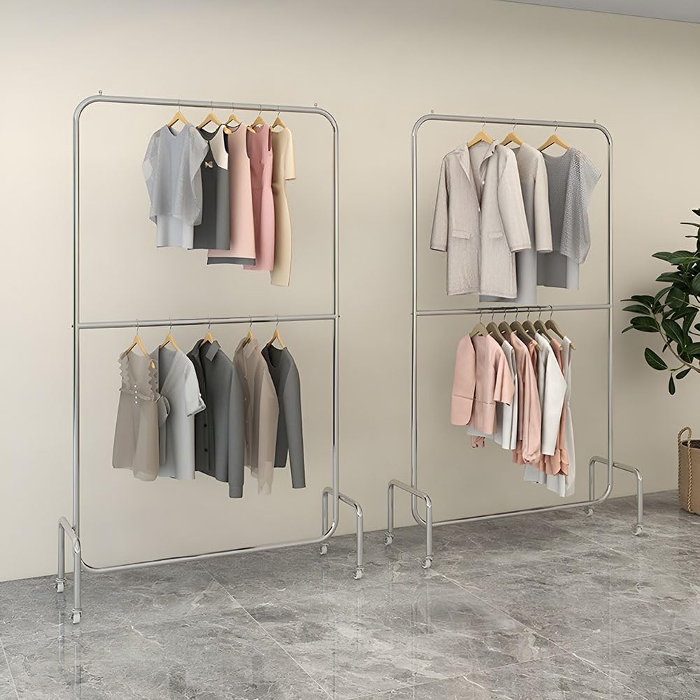 Doubl Rod Clothes Rack with Wheels, Height-adjustable Center Pole, Silver Stainless Steel Garment Rack for Shirts, Coats, Jackets(100 x 40 x 170 cm)
