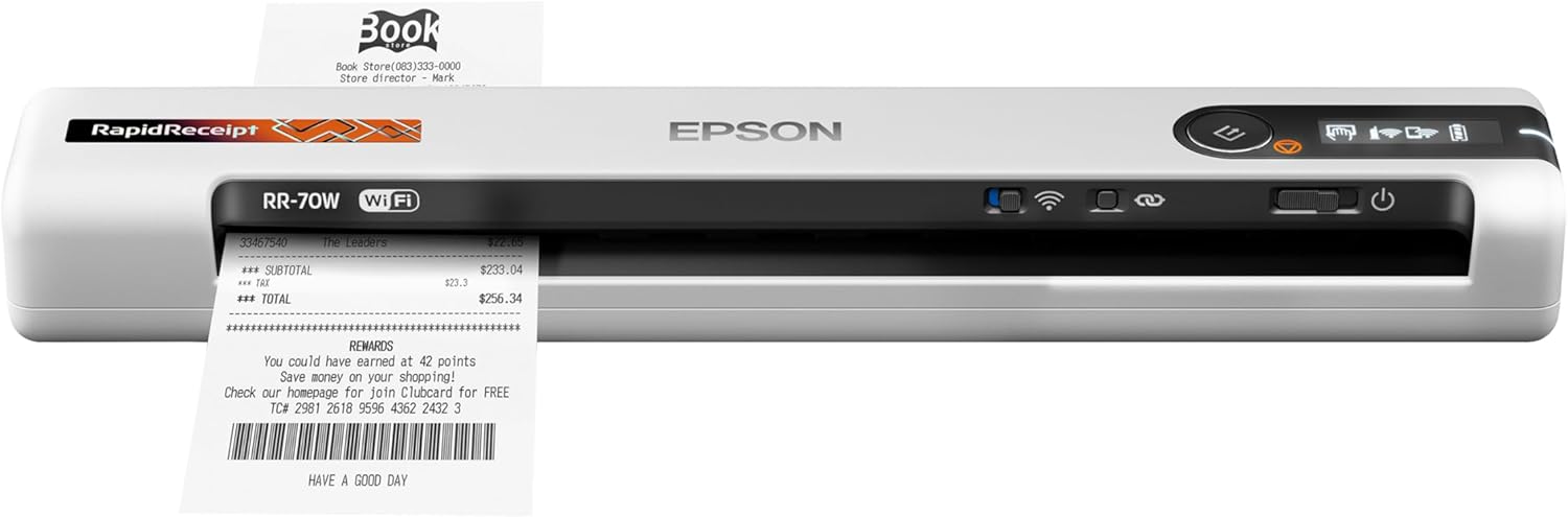 Epson RapidReceipt RR-70W Wireless Mobile Tax Receipt and Color Document Scanner with Complimentary Data Management Software for PC and Mac