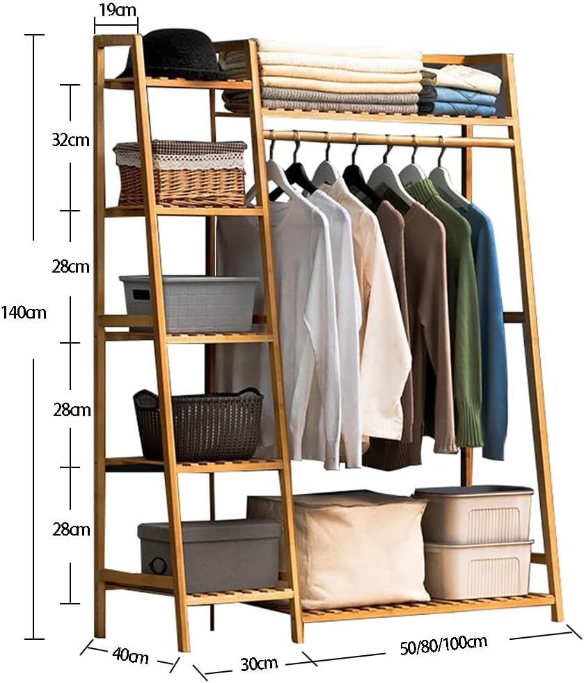 Bamboo Coat Rack with 7 Shelves and Top Hanging Rod Free Standing Garment Rack for Bedroom Closet Max Load 220lbs
