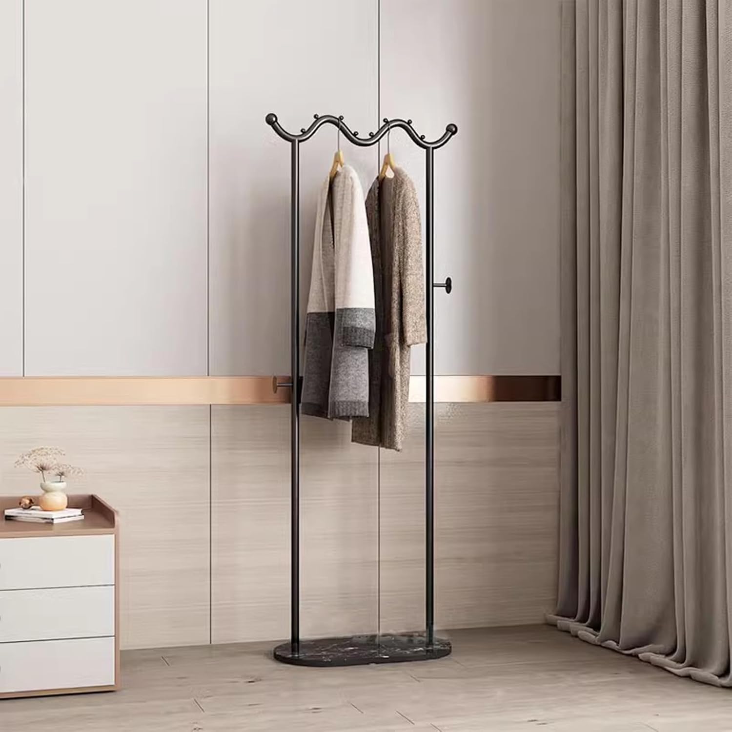 Heavy duty Garment rack Modern Metal Clothing Rack With Marble Base, Freestanding Coat Rack With Hanging Rod And 2 Hooks, Space Saving Clothes Organizer For Bedroom And Office, 50X30X170CM (Black )