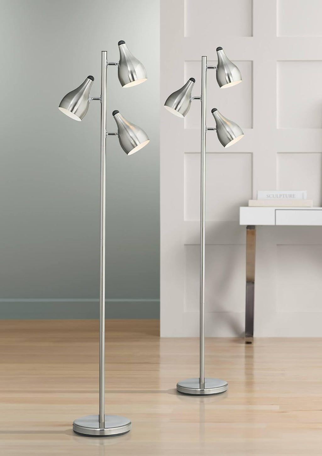 360 Lighting Trac Modern 64' Tall Standing Floor Lamps Set of 2 Lights Tree-Style Task 3-Light Adjustable Silver Metal Brushed Steel Finish Living Room Bedroom House Reading Office Home Decor Dining