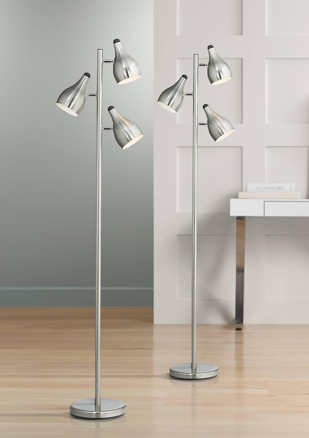 360 Lighting Trac Modern 64' Tall Standing Floor Lamps Set of 2 Lights Tree-Style Task 3-Light Adjustable Silver Metal Brushed Steel Finish Living Room Bedroom House Reading Office Home Decor Dining