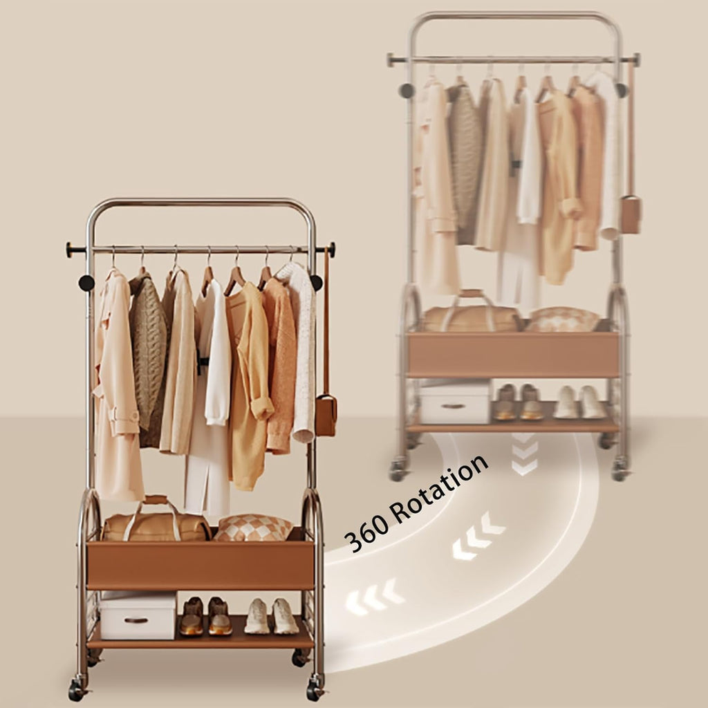 Clothing Rack for Hanging Clothes with Hooks- Freestanding Metal Garment Rack, Rolling Mobile Storage with Bottom Shelf, Multi-Functional for Coats, Shirts, Dresses-Easy Assembly(A,23.6in)