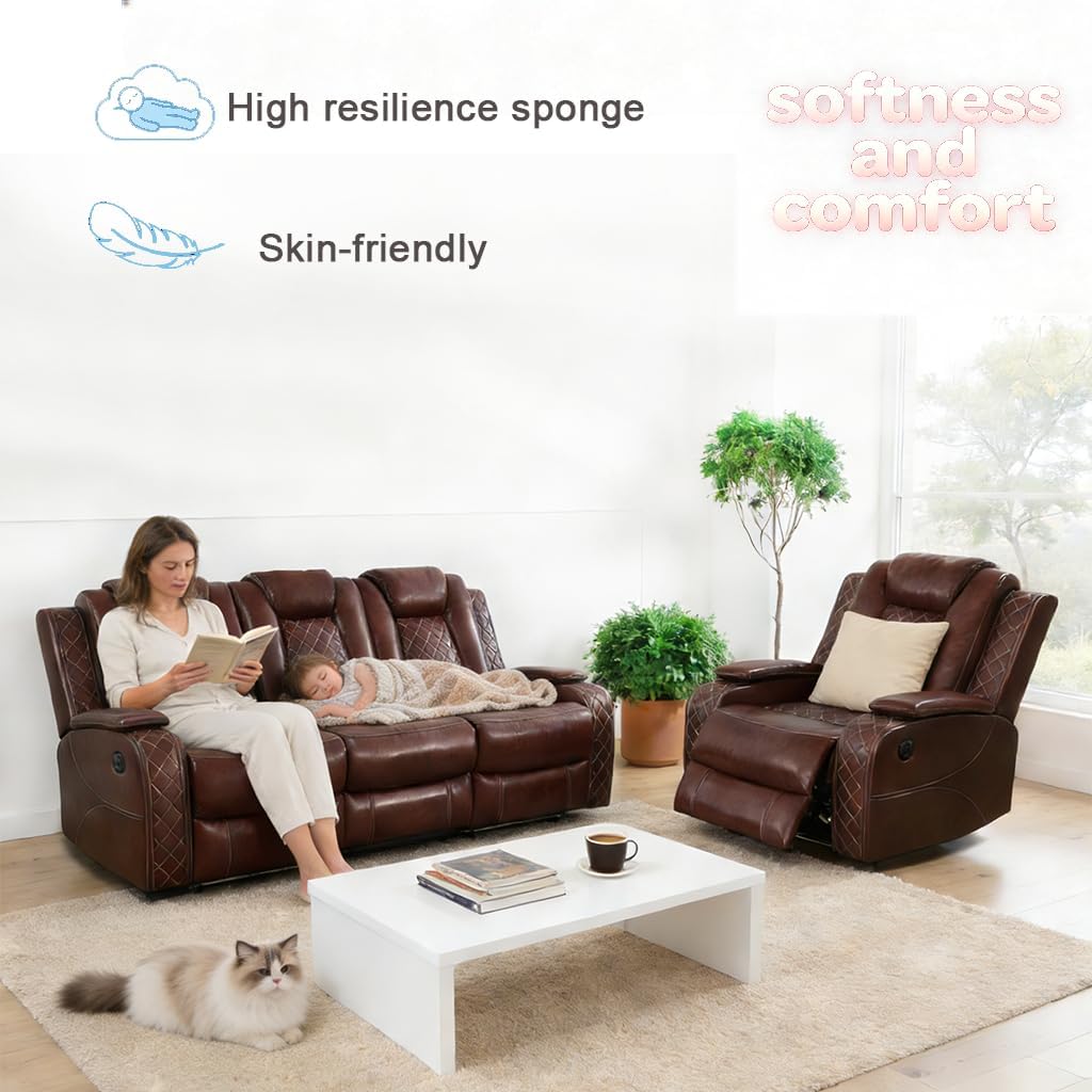 Pon Living Luxurious Leather Reclining Sofa Set with LED, Power Recliner Sofa Set, Living Room Furniture Sets with Cup Holders/USB Port & Storage Consoles for House/Home Theater
