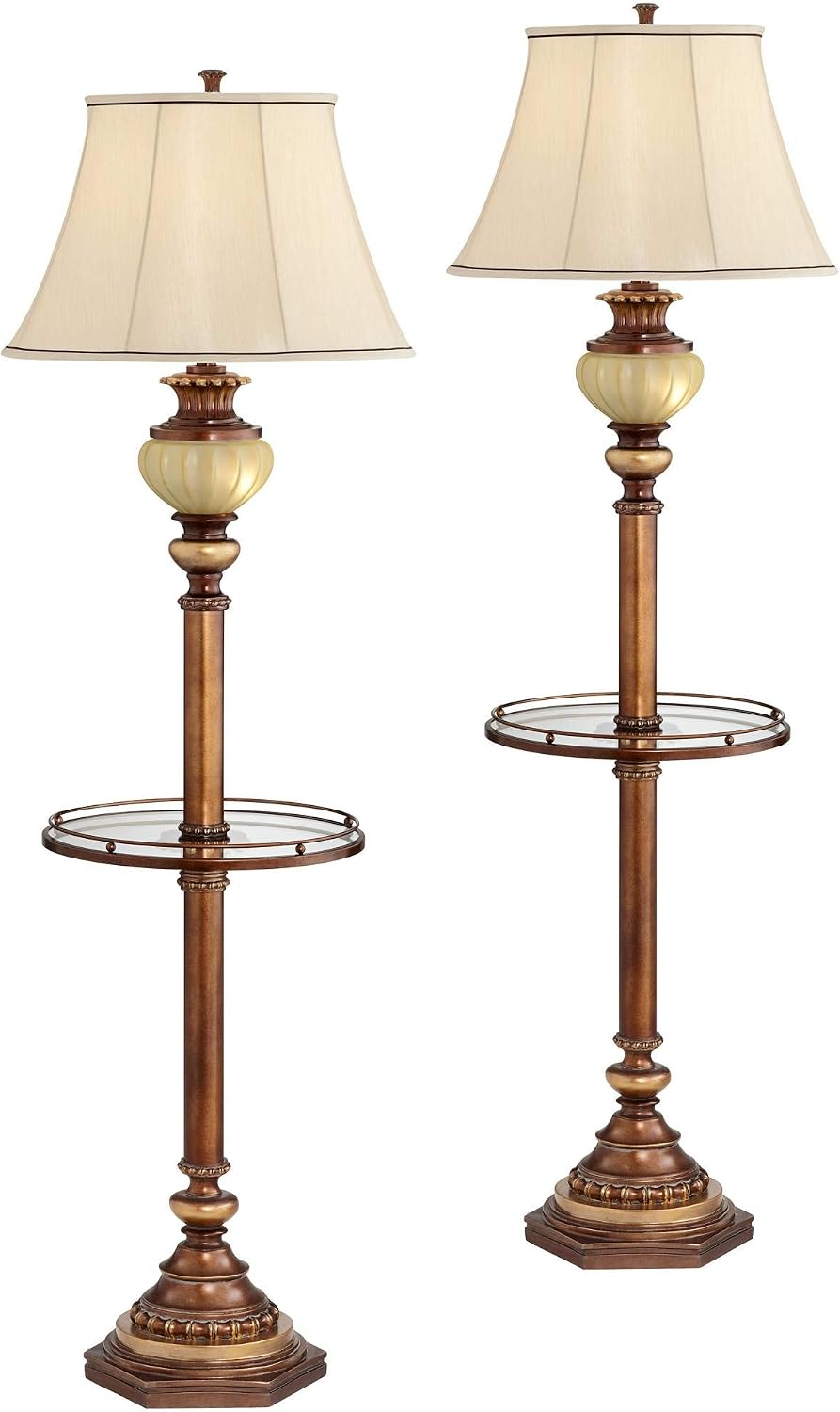 Kathy Ireland Hyde Park Rustic Vintage Floor Lamps Set of 2 with Nightlight Glass Tray 65' Tall Bronze Gold Pearl White Frosted Glass Fabric Bell Shade for Living Room Reading House Bedroom