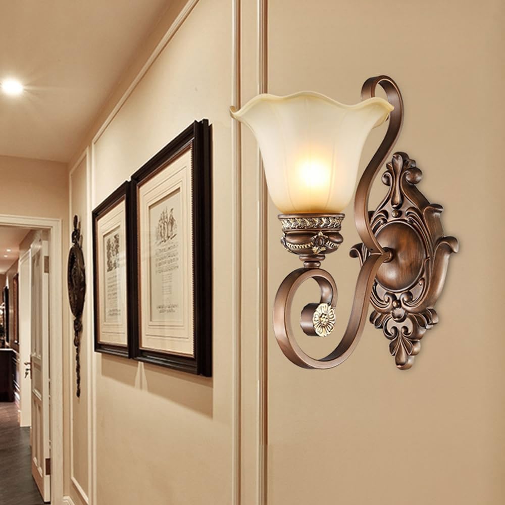 Vintage Floral Wall Sconces Set of 2,Resin Iron Lampshade Old Style Lamp Sconce Wall Decor with Glass Shades for Living Room Bedroom Hallway (2 Pack)
