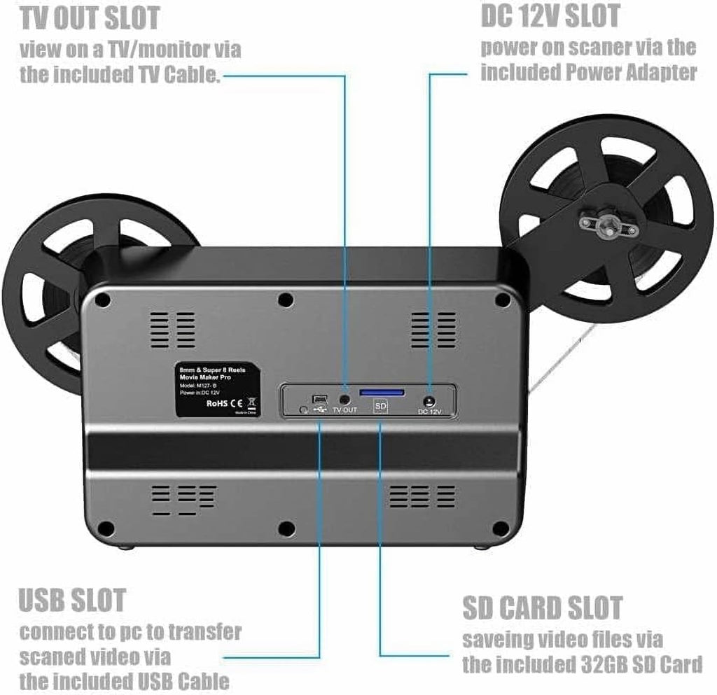 8mm & Super 8 Reels to Digital MovieMaker Pro Film Digitizer,Film Scanner,Converts Frame by MP4 Files, with 2.4'' Screen, Viewing Saving on SD Card(Included) for 3'5'7'9' Reels, Black