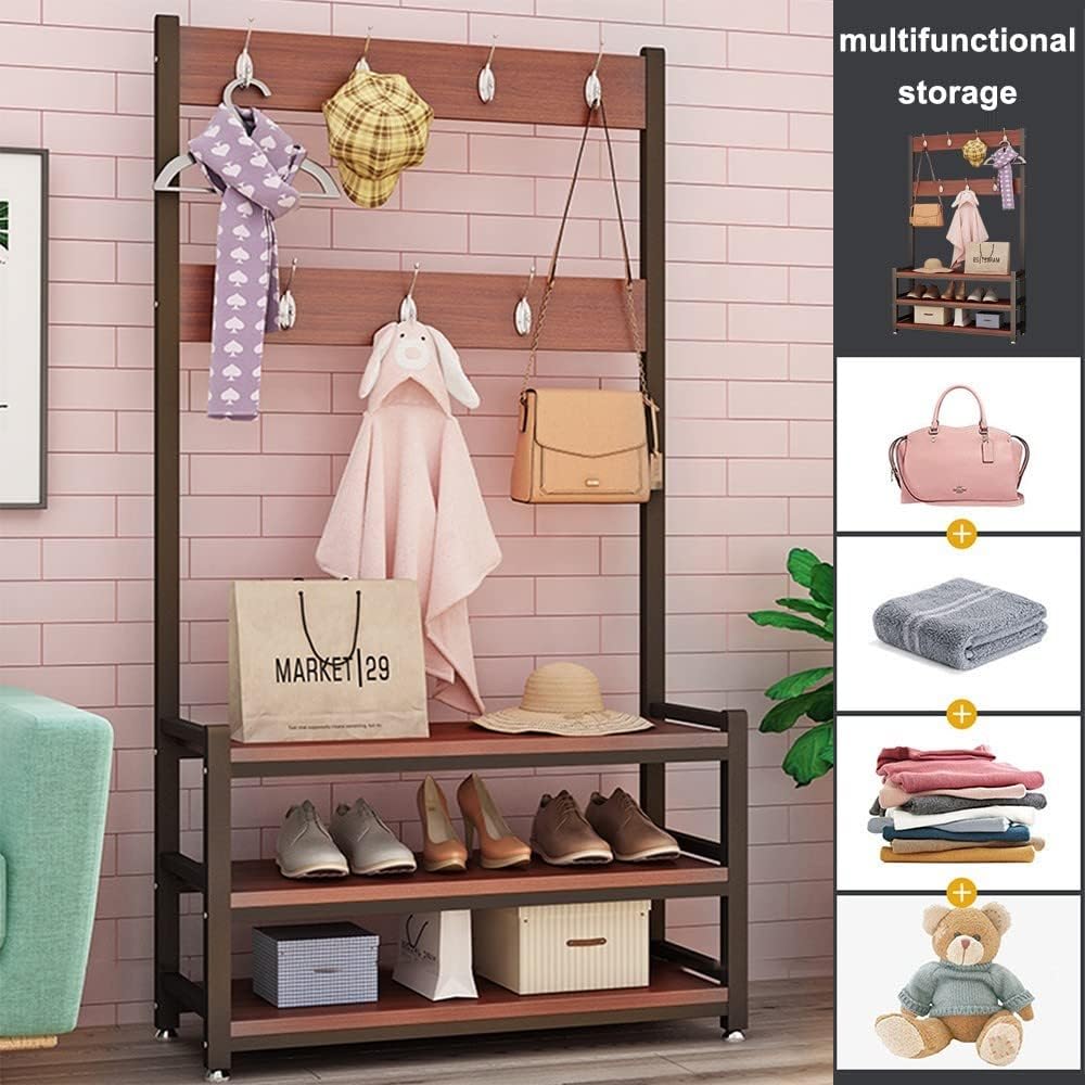 Generic Metal Foldable Coat Rack Stand, Freestanding Garment Rack, with Shoe Storage Bench and Hooks/C/100Cm