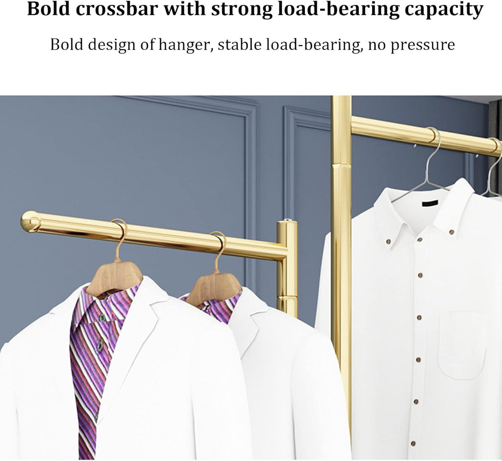 Freestanding Clothing Store Display Stands Garment Rack, Retail Clothes Hanger Entrance Porch Organization Hanging Rod,Creative Gold 2-Way Suit Shirt Clothing Rack for Boutique/Laundry
