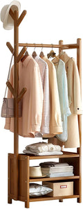 Bamboo Clothes Rack with 2 Storage Shelves and 6 Hooks Portable Extra Large Garment Rack for Bedroom and Living Room Freestanding Clothes Hanger Stand 50x37x146cm