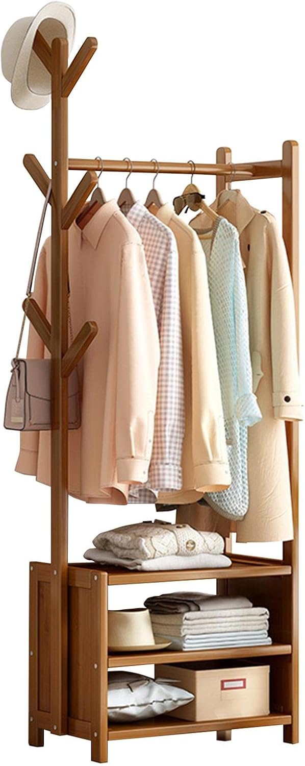 Bamboo Clothes Rack with 2 Storage Shelves and 6 Hooks Portable Extra Large Garment Rack for Bedroom and Living Room Freestanding Clothes Hanger Stand 50x37x146cm