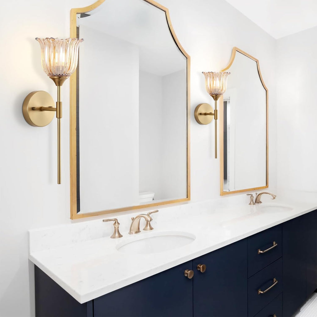 BYOLIIMA Gold Wall Sconce Set of 2 with Amber Glass Shades Modern Mid Century Bathroom Vanity Wall Light Fixtures Industrial Brushed Brass Wall Lamp for Bedroom Mirror Living Room Restaurant