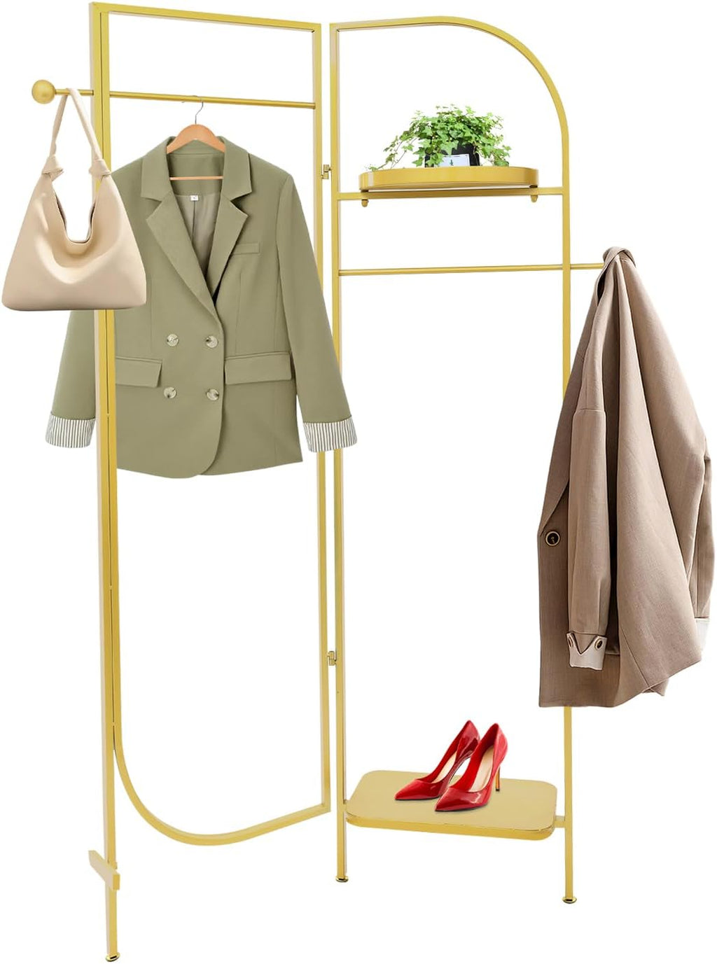 Clothes Display Stand, Metal Heavy Duty Freestanding Garment Rack Foldable Clothing Shelf Clothes Rack for Hanging Clothes Coats Skirts Shirts Sweaters (Gold)