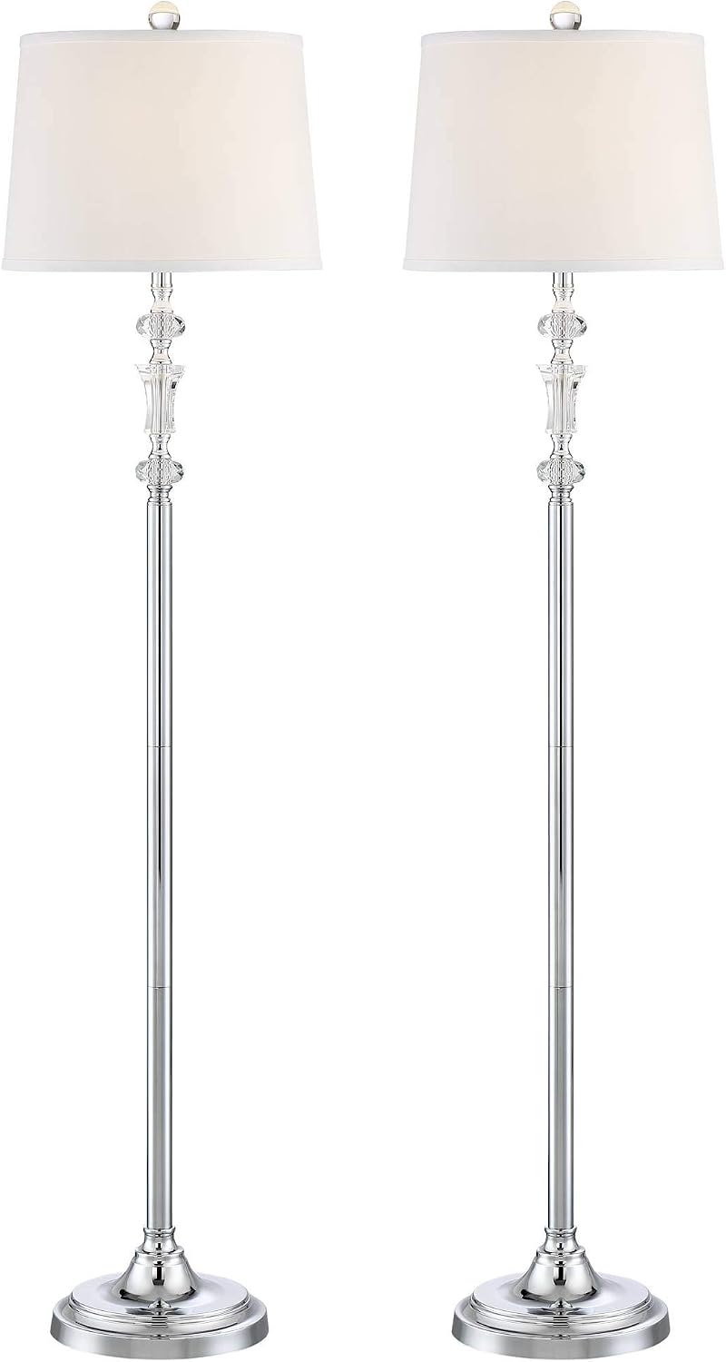 360 Lighting Montrose Glam Standing Floor Lamps 61' Tall Set of 2 Polished Steel Silver Crystal Glass White Fabric Drum Shade Decor for Living Room Reading House Bedroom Office