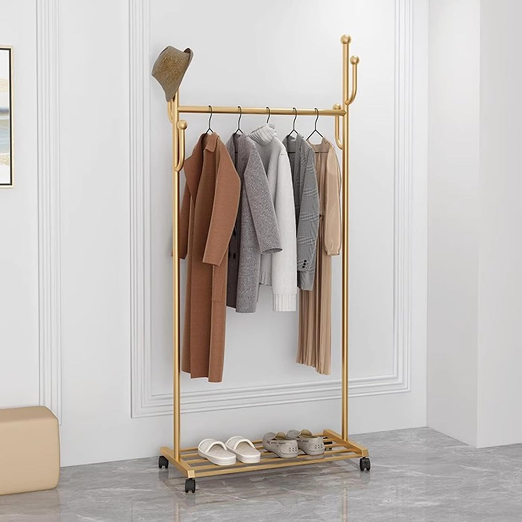 Heavy Duty Coat Rack, Garment Rack Modern Golden Clothing Rack On Wheel, Freestanding Metal Coat Rack with Hooks and Shelves, Space-Saving Coats Hanger Stand for Hanging Clothes (100X33X170CM)