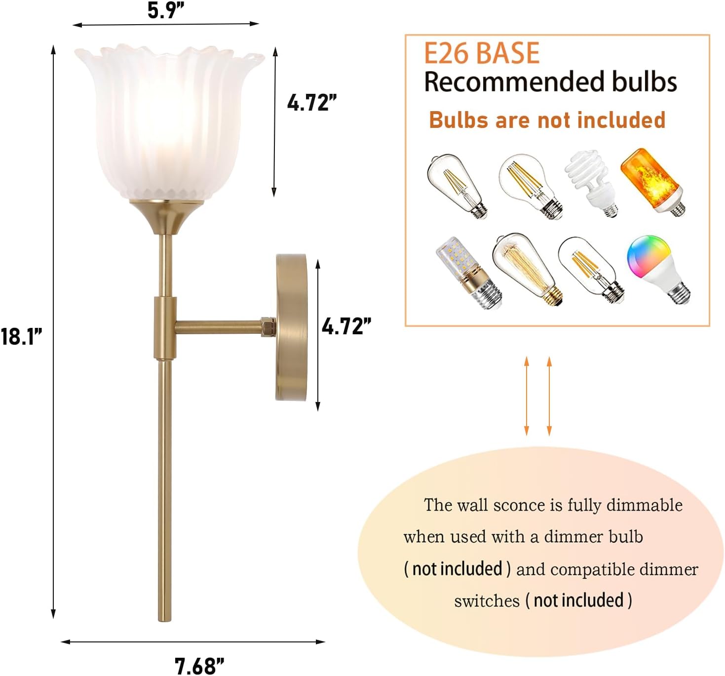 BYOLIIMA Gold Wall Sconce Set of 2 with Frosted Glass Shades Modern Mid Century Bathroom Vanity Wall Light Fixtures Industrial Brushed Brass Wall Lamp for Bedroom Mirror Living Room Restaurant