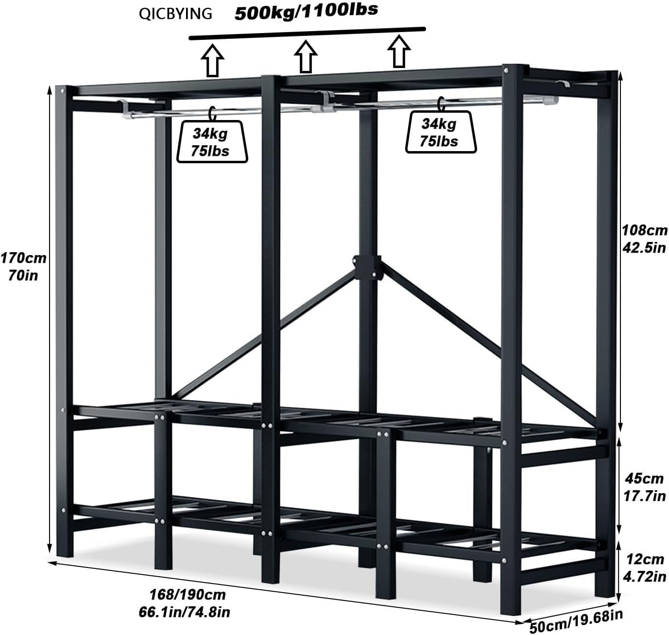 Portable Wardrobe Closet Rack, Heavy-Duty Foldable Garment Rack With Cover，Freestanding Clothes Organizer System,enclosed Curtain Armoires For Hanging Clothes For Bedroom ( Size : 190*50*170cm )