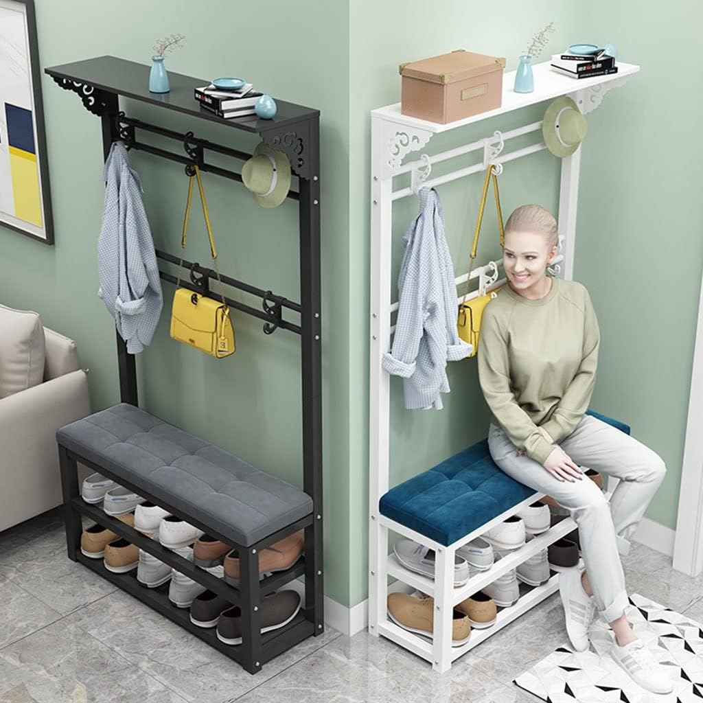 Generic Coat Rack with Shoe Shelf Bench, Freestanding Garment Rack with 8 Hooks Industrial Hall Tree Hat Handbag Hanger for Narrow Hallway, Bedroom/White/80 * 30 * 172Cm
