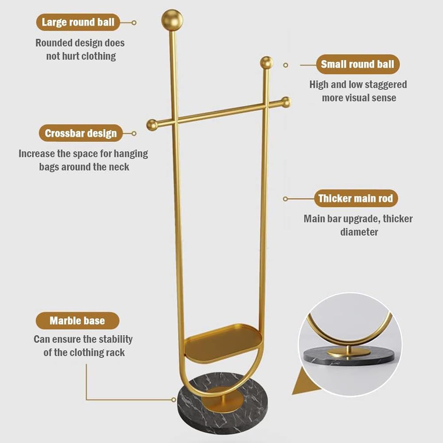 Heavy Duty Garment Rack Modern Gold Coat Racks Freestanding for Hanging Clothes,Heavy-Duty Metal Clothing Rack with Marble Base, for Bedroom, Living Room, Boutiques,12.6x74 Inches