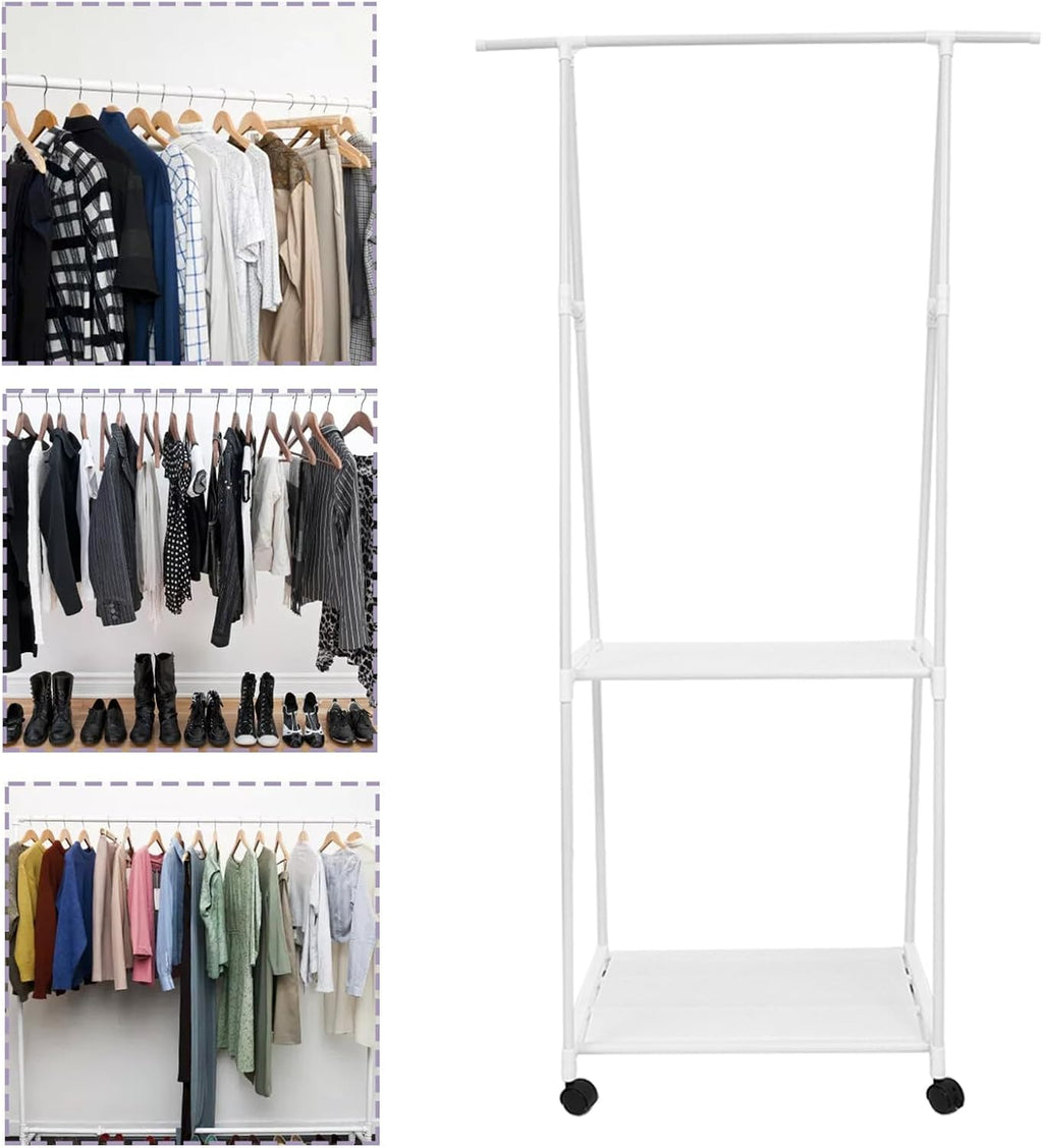Floor Standing Garment Rack with Wheels Sturdy Clothes Organizer Shelf for Bedroom Storage White Iron Art Multifunctional Hanging Rack for Pants Sweaters Shirts Shoes Bags