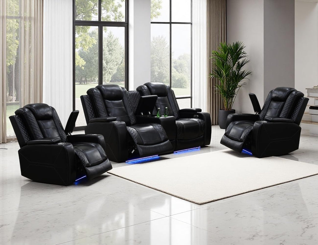 Power Recliner Sofa Set, Black Leather Reclining Couch Chair Set, Living Room Furniture Sets, Luxury Reclining Loveseat & 2 Chairs with Cup Holders/Storage/Charging for Home Theater/Office