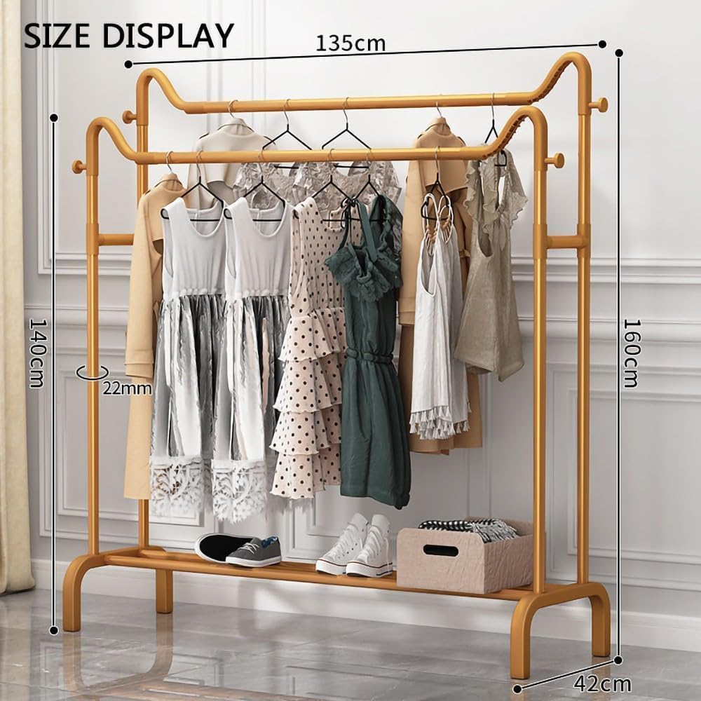 Clothes Rack Freestanding Double-Rail Garment Rack Multifunctional Bedroom,Minimalist Metal for Hanging Garment,Coat Rail with Bottom Rack for Coats, Skirts, Shirts, Sweaters