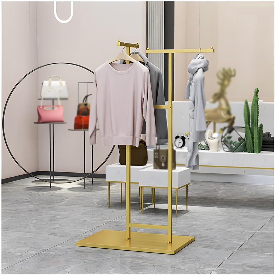 Double Rail Freestanding Garment Rack, Metal Iron Floor-Standing Lifting Clothes Hanger with Adjustable Height, Freestanding Clothing Store Display Rack, for Retail Boutique(Gold)