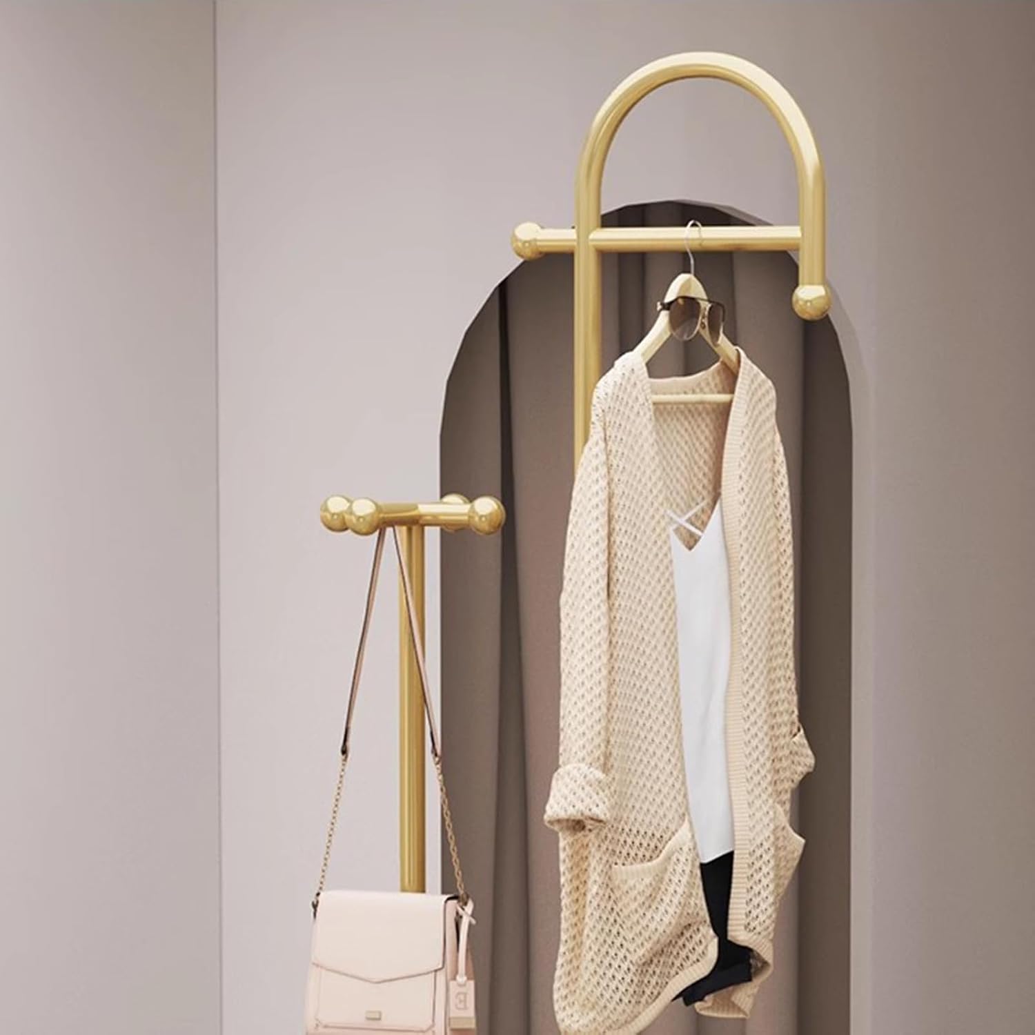 Heavy Duty Garment Rack Heavy Duty Metal Clothing Rack for Hanging Clothes, Bag, Freestanding Clothes Display Rack for Boutique Retail, Space Saving Coat Rack for Bedroom, Gold, 40x30x178CM