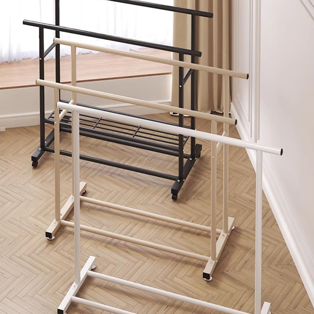 Freestanding Metal Bedroom Garment Rack with Wheels, Double Rods Multi-Functional Clothing Rack with Bottom Shelf, for Hanging Clothes, Coats, Skirts, Shirts, Sweaters(Black)