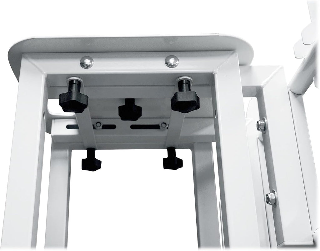 Rockville RTP33-TV Pro White Totem Stand 220 lbs DJ Speaker/Lighting/TV Mount, Detachable TV Mount, Adjustable 39-69 inch Height, Black/White Scrims, for DJs and Event Planners, 2-Piece