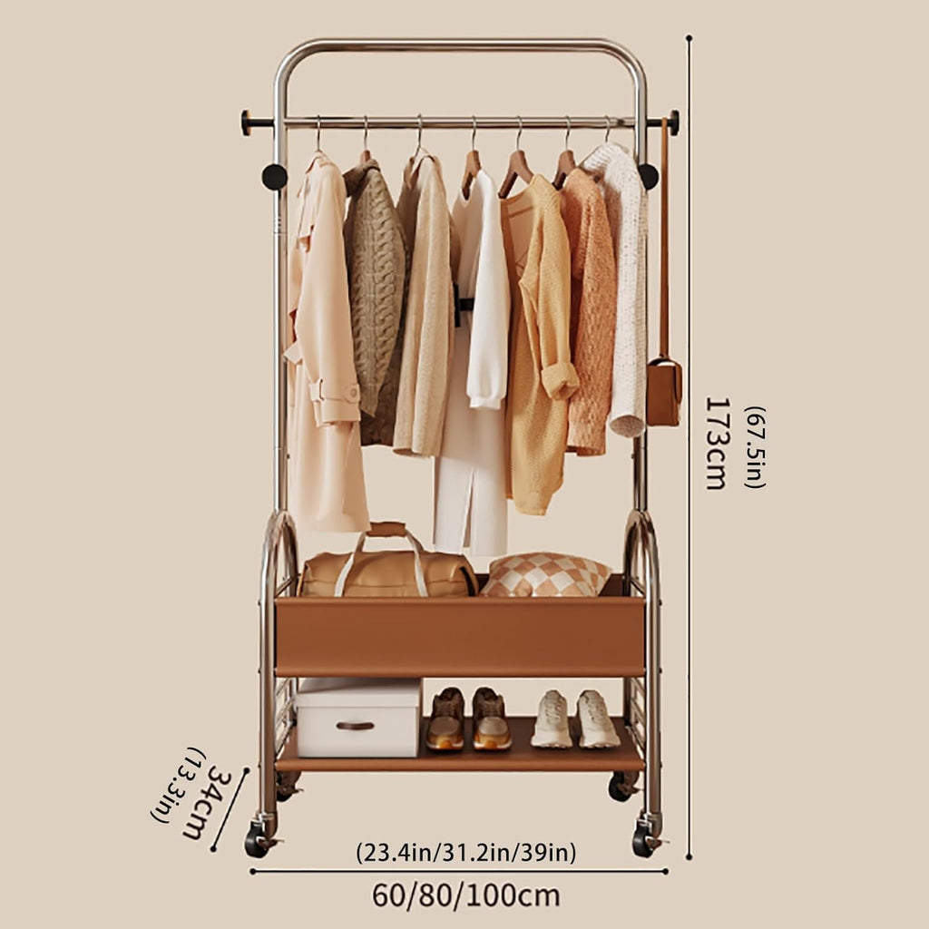 Clothing Rack for Hanging Clothes with Hooks- Freestanding Metal Garment Rack, Rolling Mobile Storage with Bottom Shelf, Multi-Functional for Coats, Shirts, Dresses-Easy Assembly(A,31.4in)