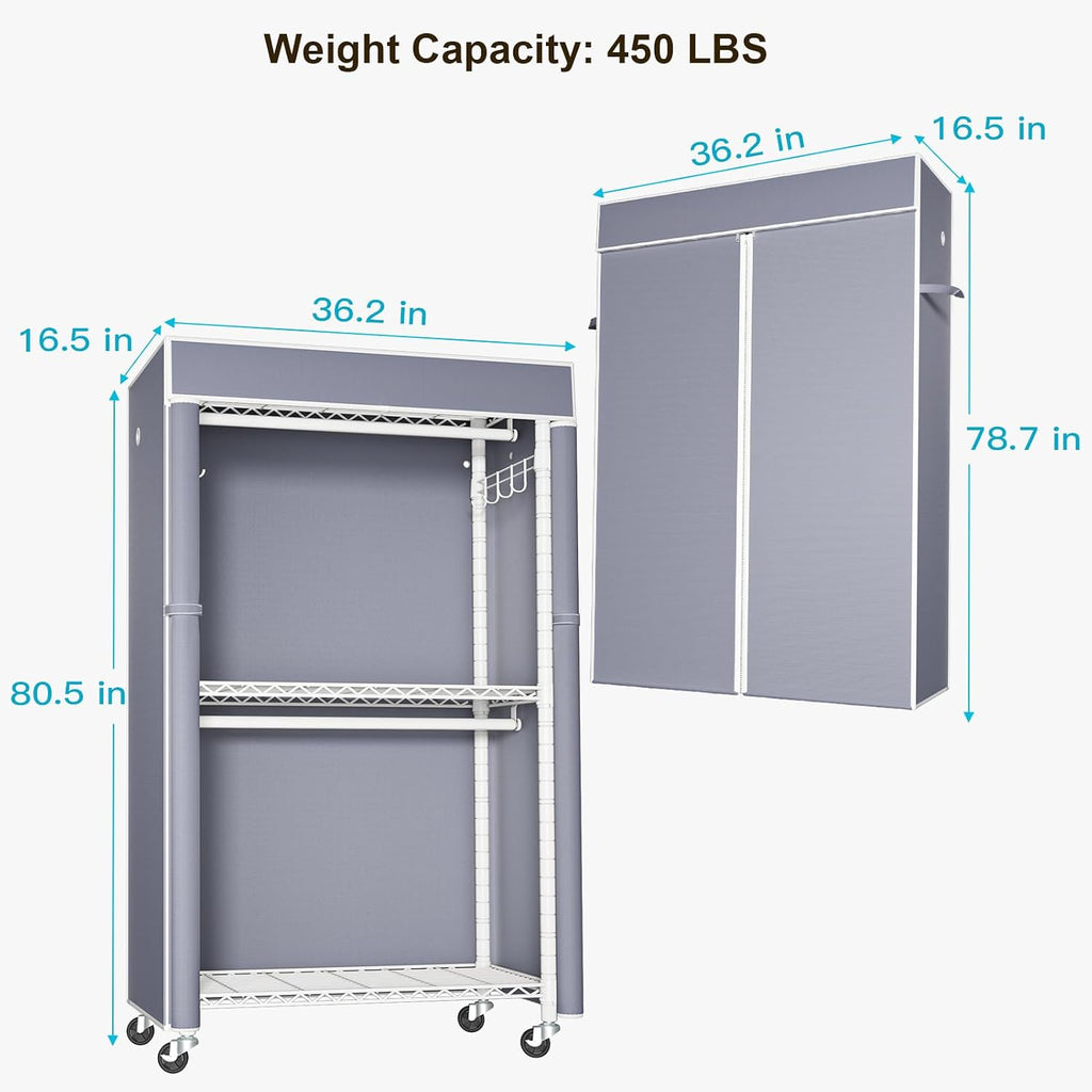 FUTASSI White Clothing Rack with Grey Cover, P1C Rolling Closet Rack with Wheels, Metal Garment Rack for Hanging Clothes, Clothing Storage Wardrobe, 36.2' W x 16.5' D x 80.5' H, Load 450 Pounds