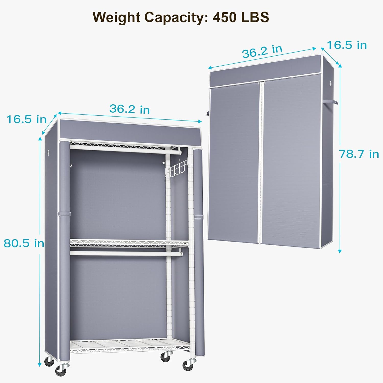 FUTASSI White Clothing Rack with Grey Cover, P1C Rolling Closet Rack with Wheels, Metal Garment Rack for Hanging Clothes, Clothing Storage Wardrobe, 36.2' W x 16.5' D x 80.5' H, Load 450 Pounds