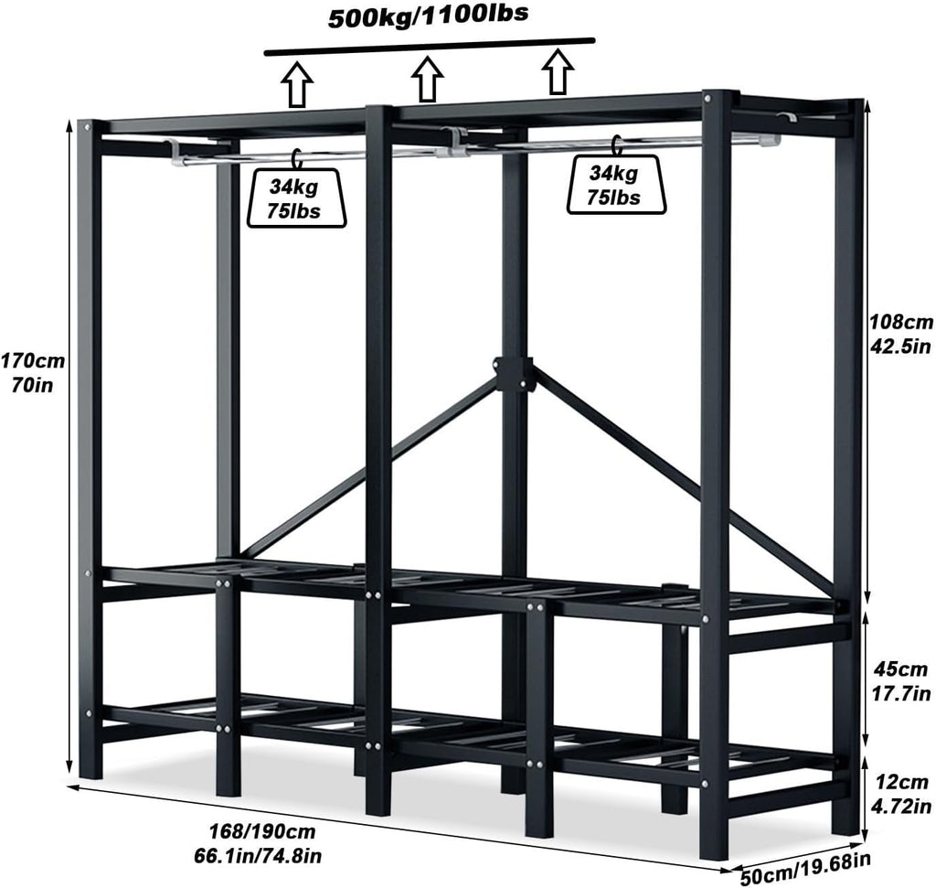 Portable Wardrobe Closet Rack - Foldable Portable Closet Wardrobe Rack - 1100lbs,Heavy-Duty Foldable Garment Rack with Cover，Freestanding Clothes Organizer System(Size:190cm)
