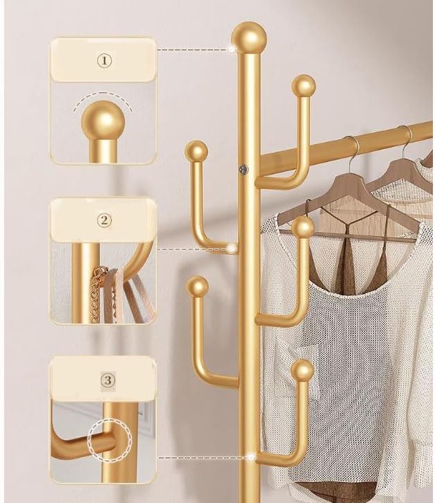 Clothes Rack, Garment Rack On Wheels,Sturdy Metal Frame for Hanging Clothes Such As Coats、Skirts、Shirts、Sweaters、Shoes、Bags、Scarves、etc,Gold Color，Golden 2 80cm