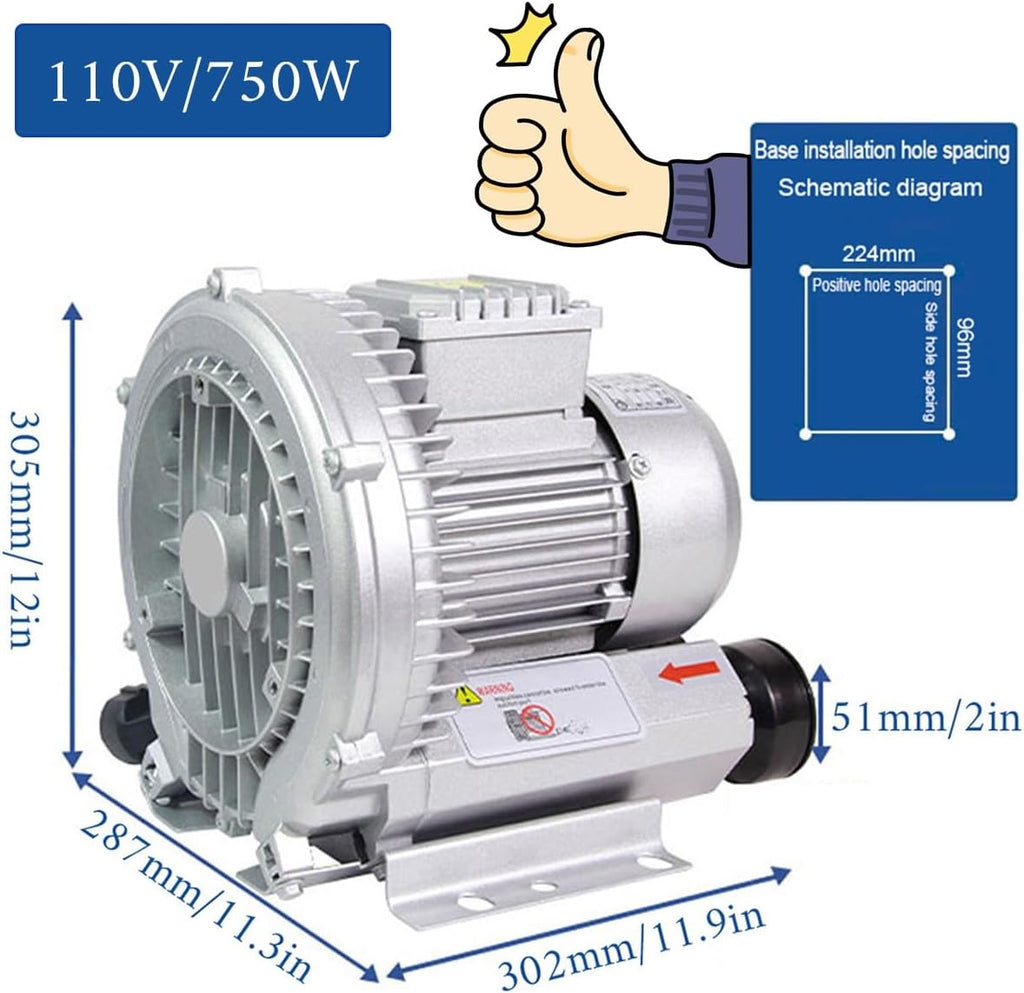 Regenerative Blower High Pressure Vortex Ring Blower 110V 180W 350W 550W 750W Fish Ponds Aeration Oxygenation Machine Industrial Vacuum Pump for Air Blowing Or Suction(350W)