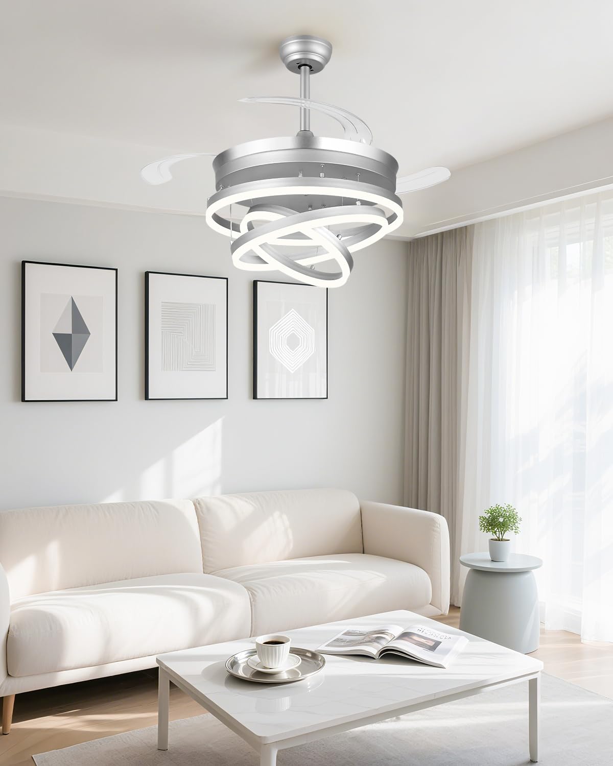 42 Inch Retractable Ceiling Fans with Lights and Remote, Modern Chandelier Fandelier Ceiling Fans, Quiet Reversible DC Motor, 6 Speeds, 3 Color Dimmable LED for Bedroom Living Room (Silver)