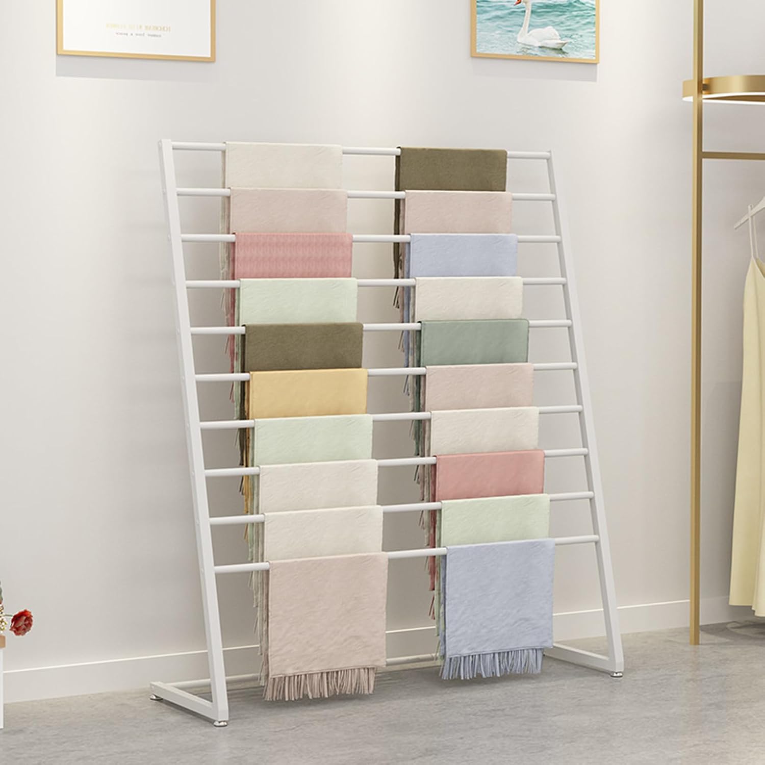 Garment Rack Hanger for Hijabs and Scarves, Freestanding Metal Display Rack, 10-Tier Commercial Organizer for Clothing Boutique and Retail Store (White-60x40x145cm