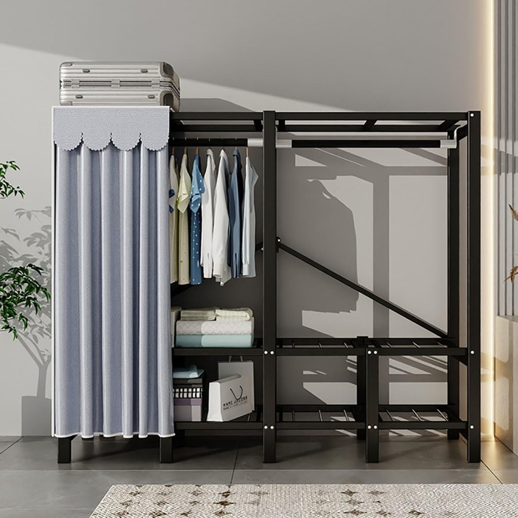 Heavy-Duty Portable Clothing Rack with Shelf, Foldable Garment Rack for Bedroom Wardrobe, Free Standing Clothes Storage Rack - Load 1100lb - Cotton Cover - Closet Organizer for Clothes